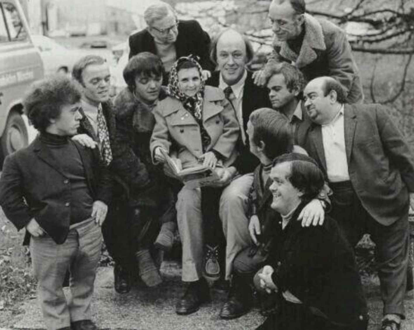 Roald Dahl with the Oompa Loompa actors out of costume